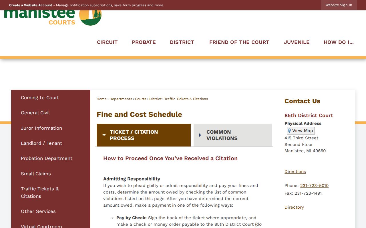 Manistee County traffic warrant page: 85th District Court payment instructions and default fee text