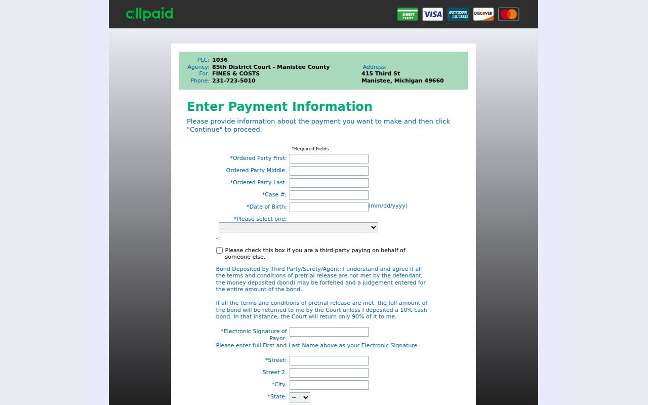 Manistee County traffic warrant clearing: 85th District Court online payment form fields and acknowledgments