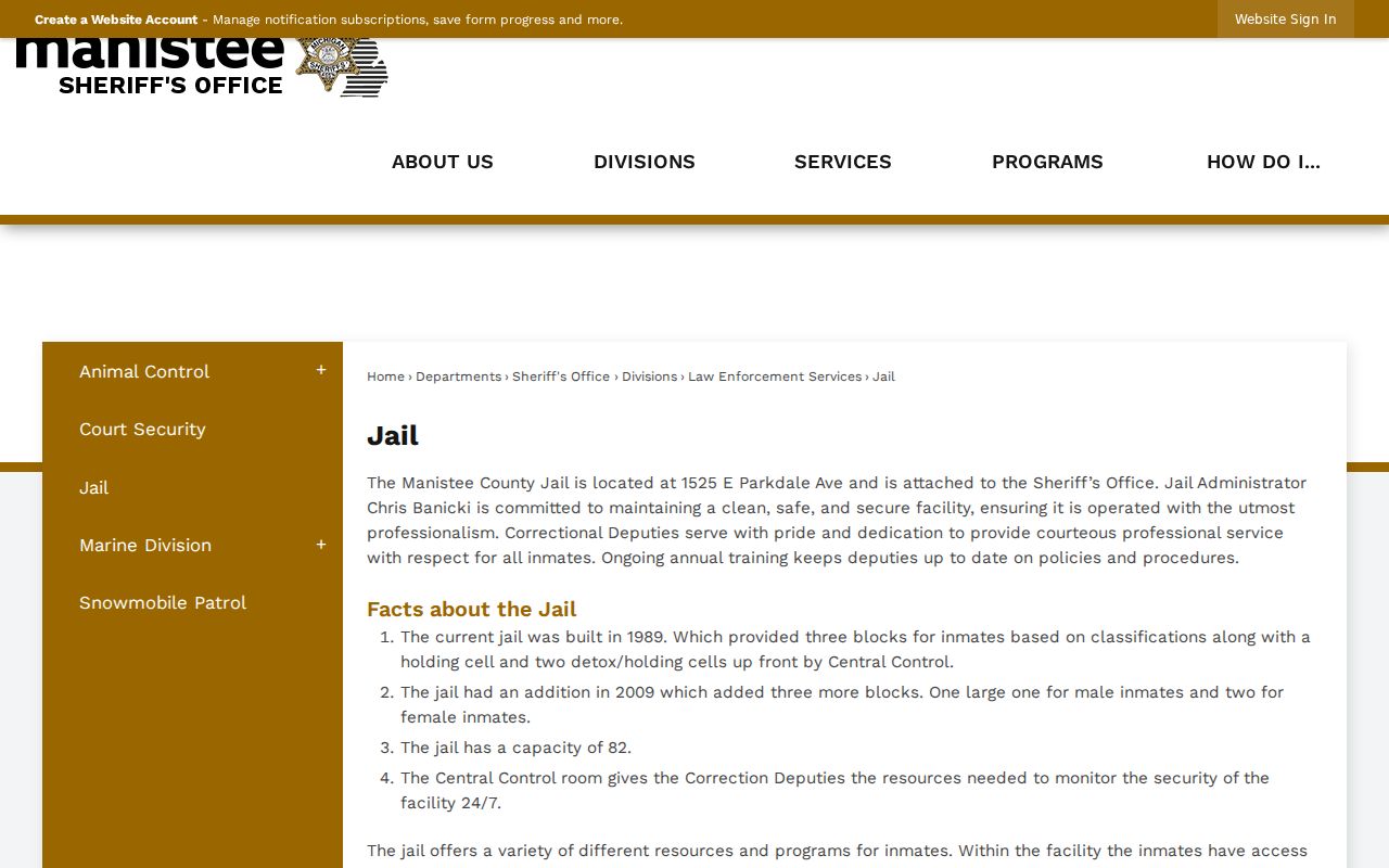 Manistee County active warrant search: county jail page describing location, custody route, and operations