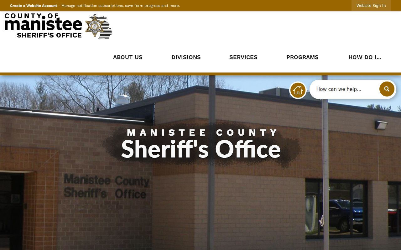 Manistee County municipal warrant check: Sheriff site navigation showing records requests, forms, and courts