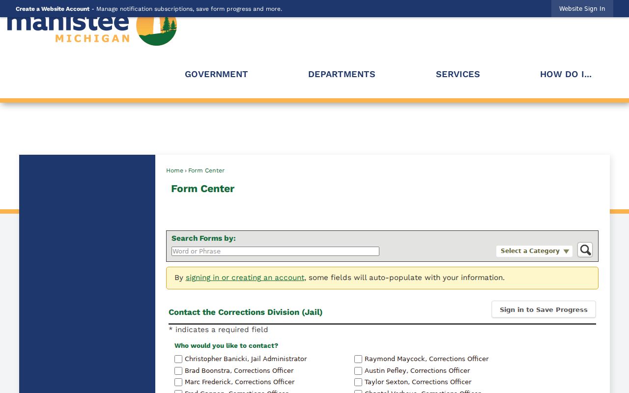 Manistee County bench warrant lookup: blank corrections division contact form for jail and custody questions