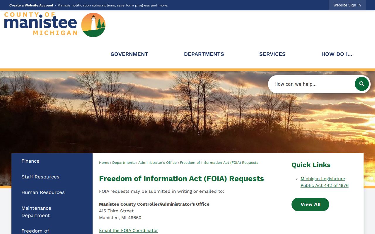 Manistee County warrant records request: county FOIA instructions and procedures page