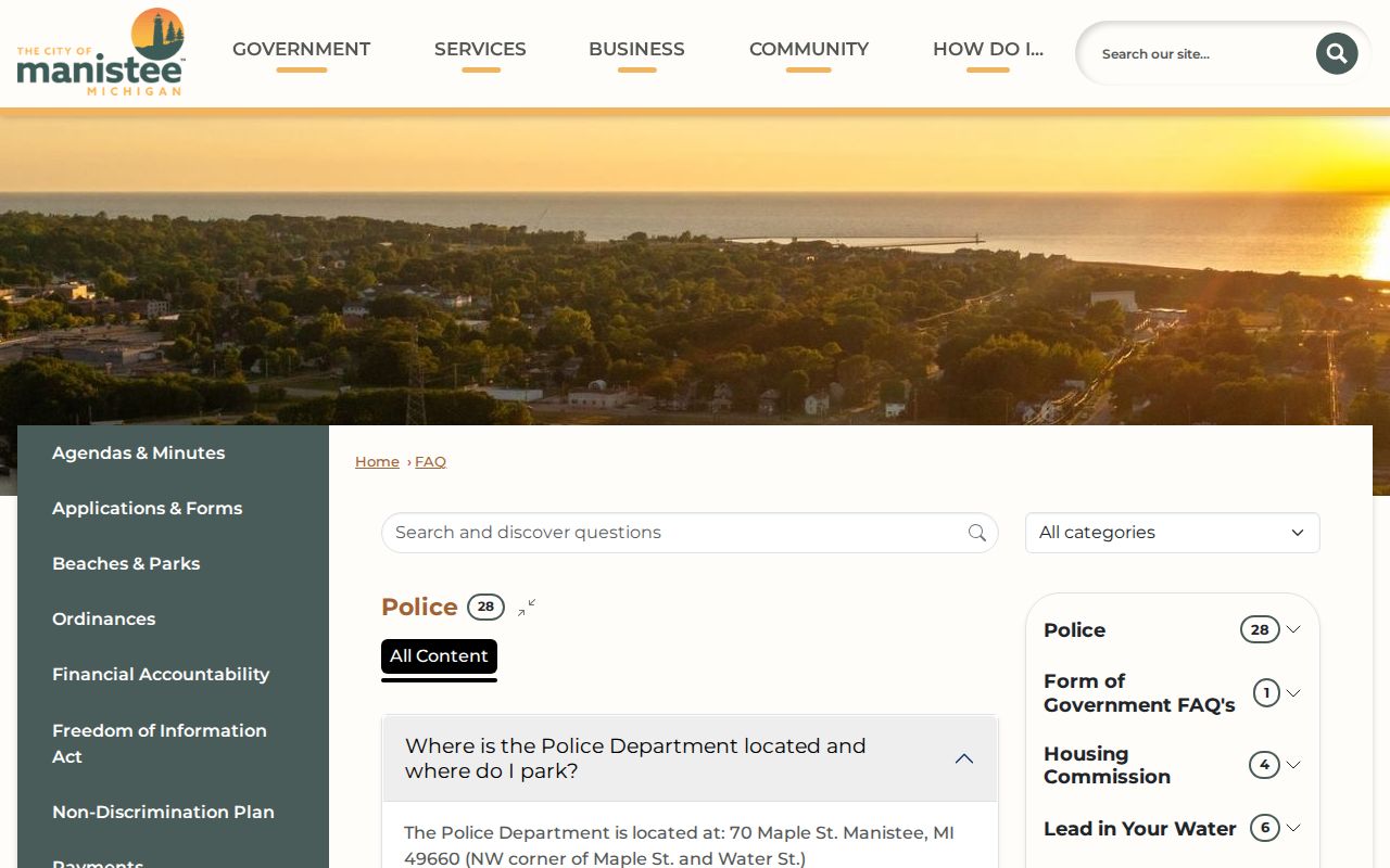 Manistee County municipal warrant check: city FAQ answer directing a person to appear in person