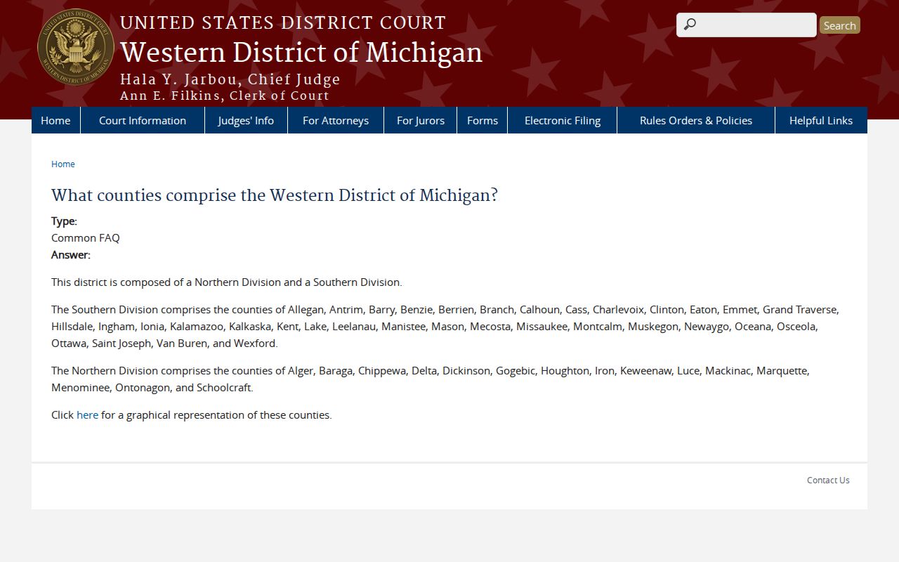 Manistee County arrest warrant lookup: federal Western District of Michigan county and division assignment page