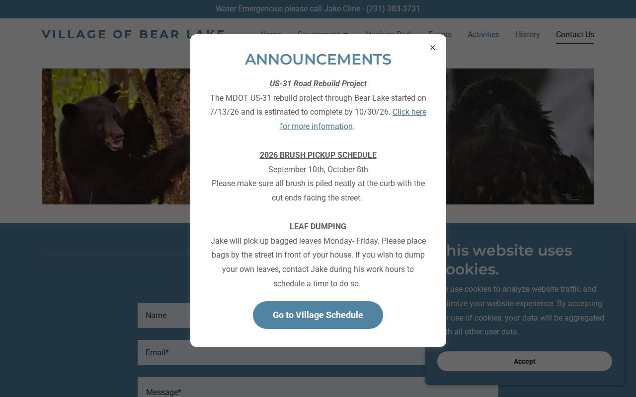 Bear Lake warrant records: village contact page and current village hall building context
