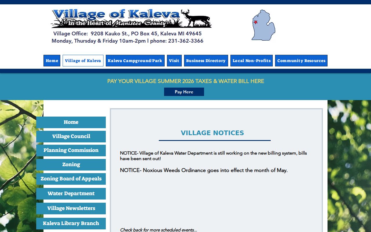 Kaleva warrant records: village office location and public hours for local government questions