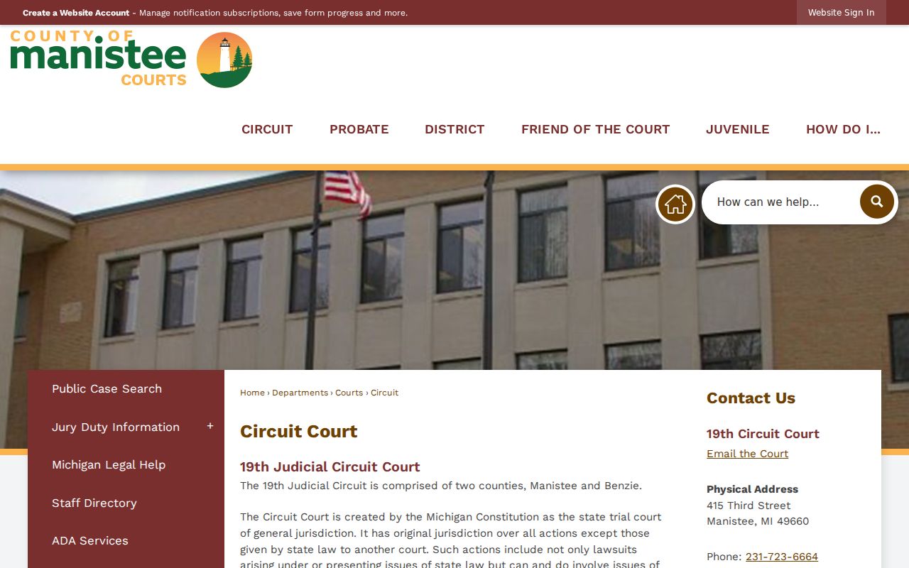 Manistee County arrest warrant lookup: 19th Circuit Court jurisdiction and courthouse contact block