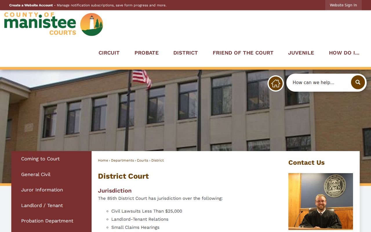 Manistee County bench warrant lookup: 85th District Court jurisdiction and courthouse contact block