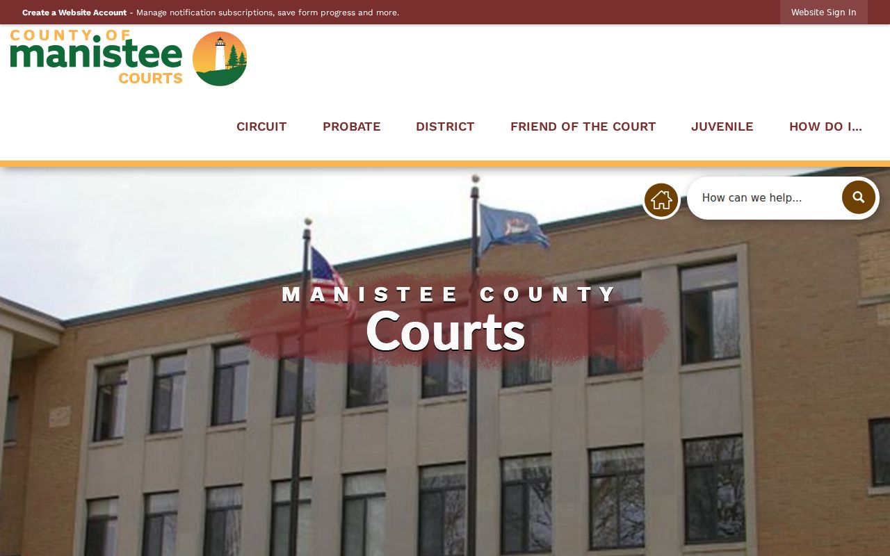 Manistee County warrant records: county courts landing page showing Circuit, District, and Probate routes