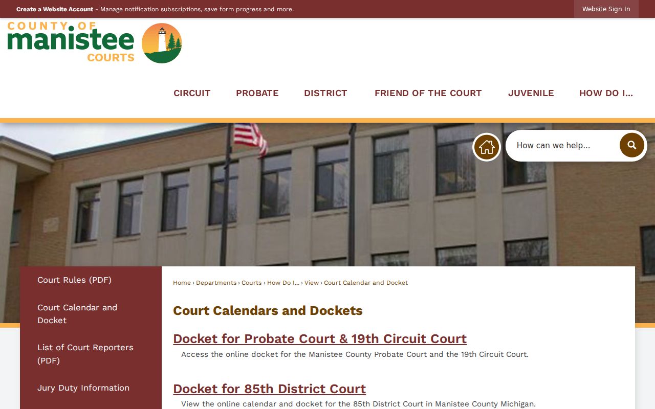 Manistee County warrant check: official court docket page for Circuit and 85th District Court cases